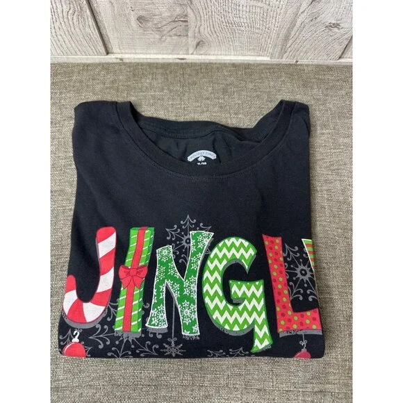 Holiday Time Jingle Bells Graphic T Shirt Womens XL Black Christmas Top - Picture 3 of 6